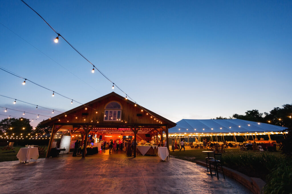 Sunset picture of timber framed Treleaven venue